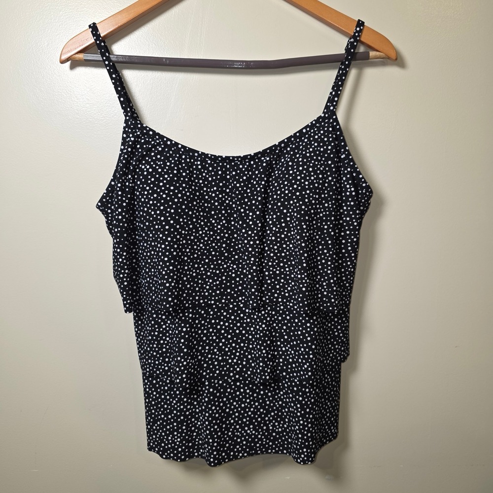 St Johns Bay Black White Polka Dot Tiered Ruffle Tankini Swim Top‎ NWT Size 14